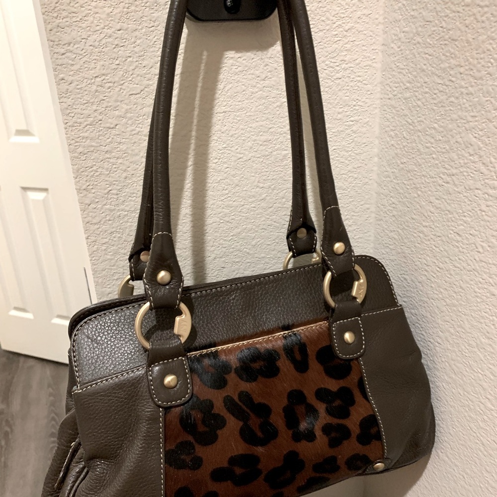 JNY D. Brown Leather & Calf Fur. Double top Handle Satchel. Antique hardware.